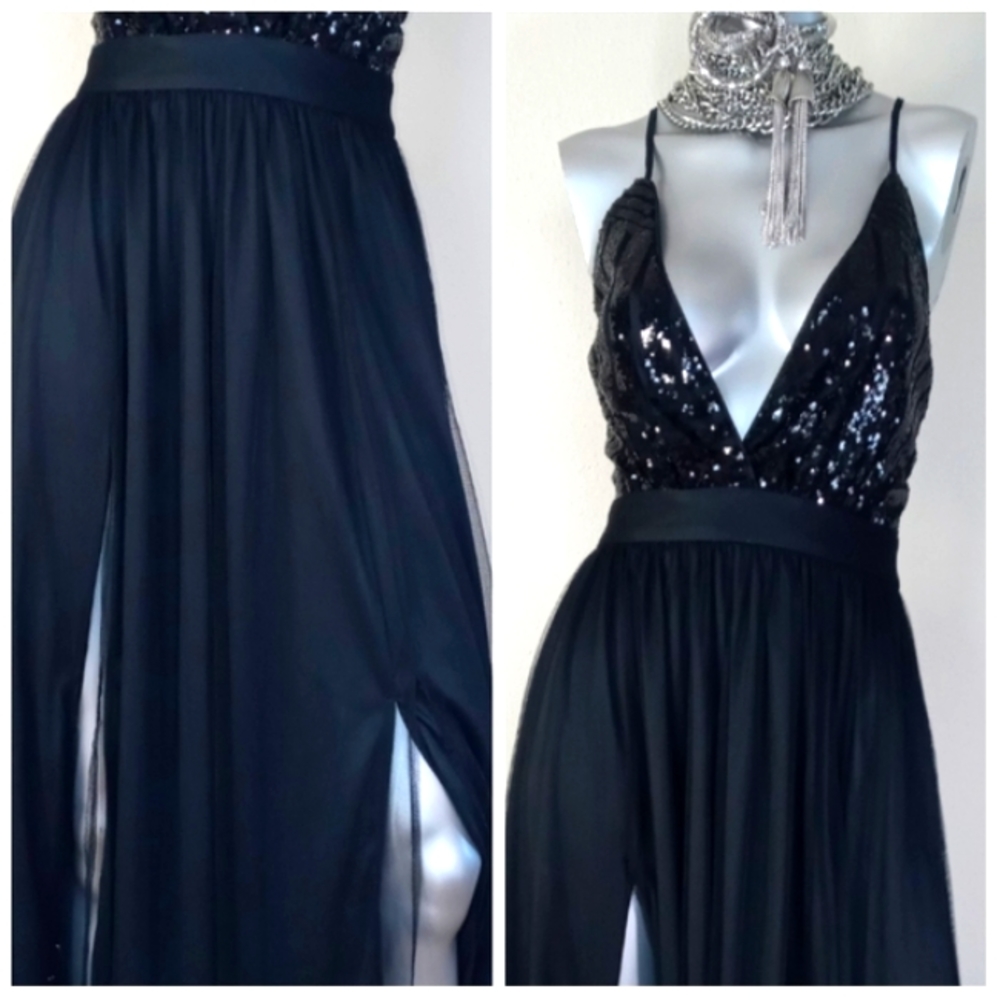 Black Sophisticated Cocktail Party Grunge Fairy Core Sequin Top Maxi Dress - Picture 8 of 16